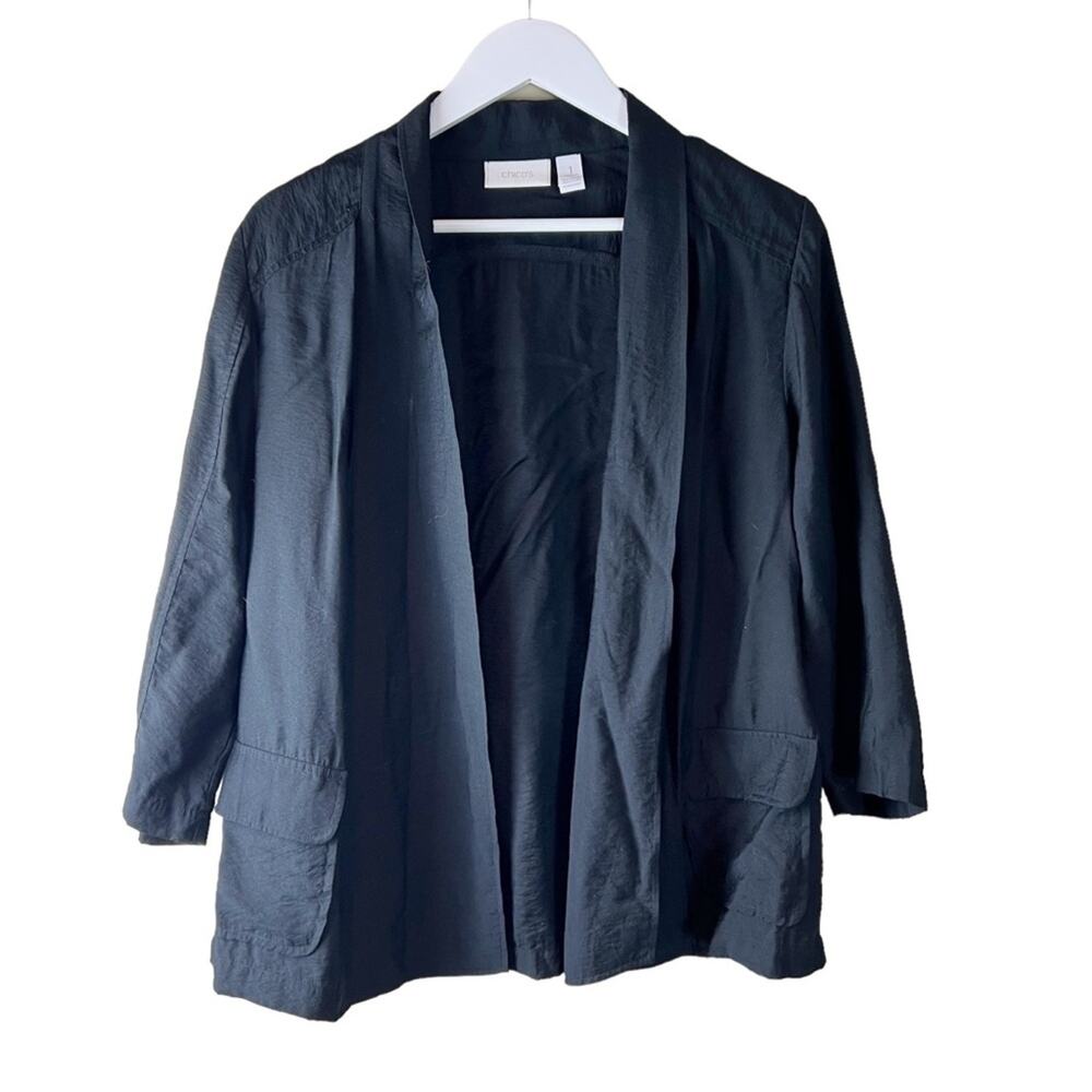 Chicos Open Front cardigan Black Sz Medium 3/4 Sleeve Pockets Rayon